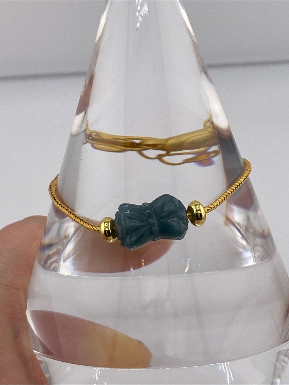 Genuine Blue Water Jadeite Bracelet - Natural Carved Charm on Gold Snake Chain
